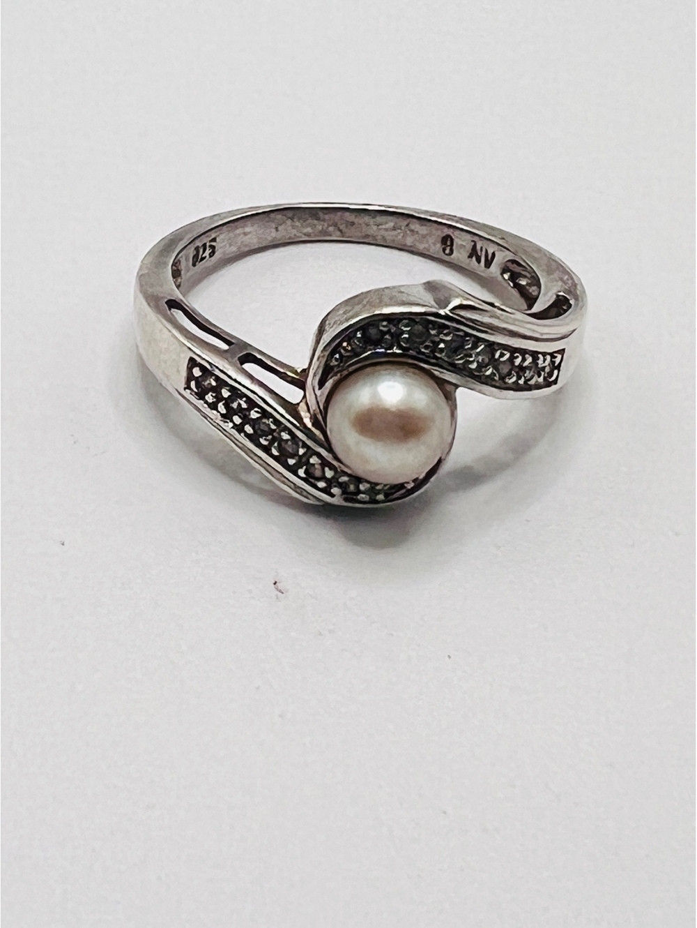 NV 925 Sterling Silver Pearl Marcasite Swirl Ring Size 7.5 3.46g